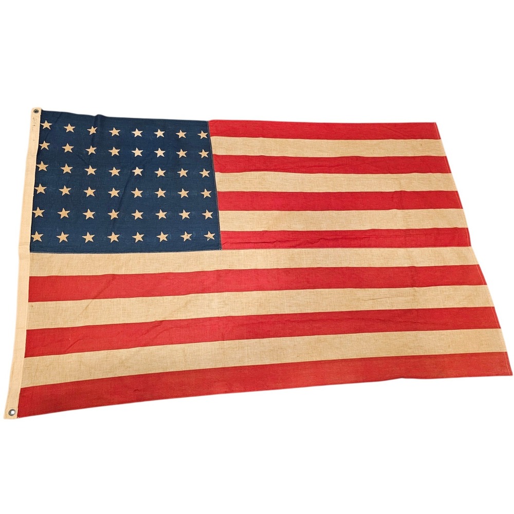 Vintage 48 Star American Flag Cotton Bunting Stitched Stripes 34x58 WWII Era USA